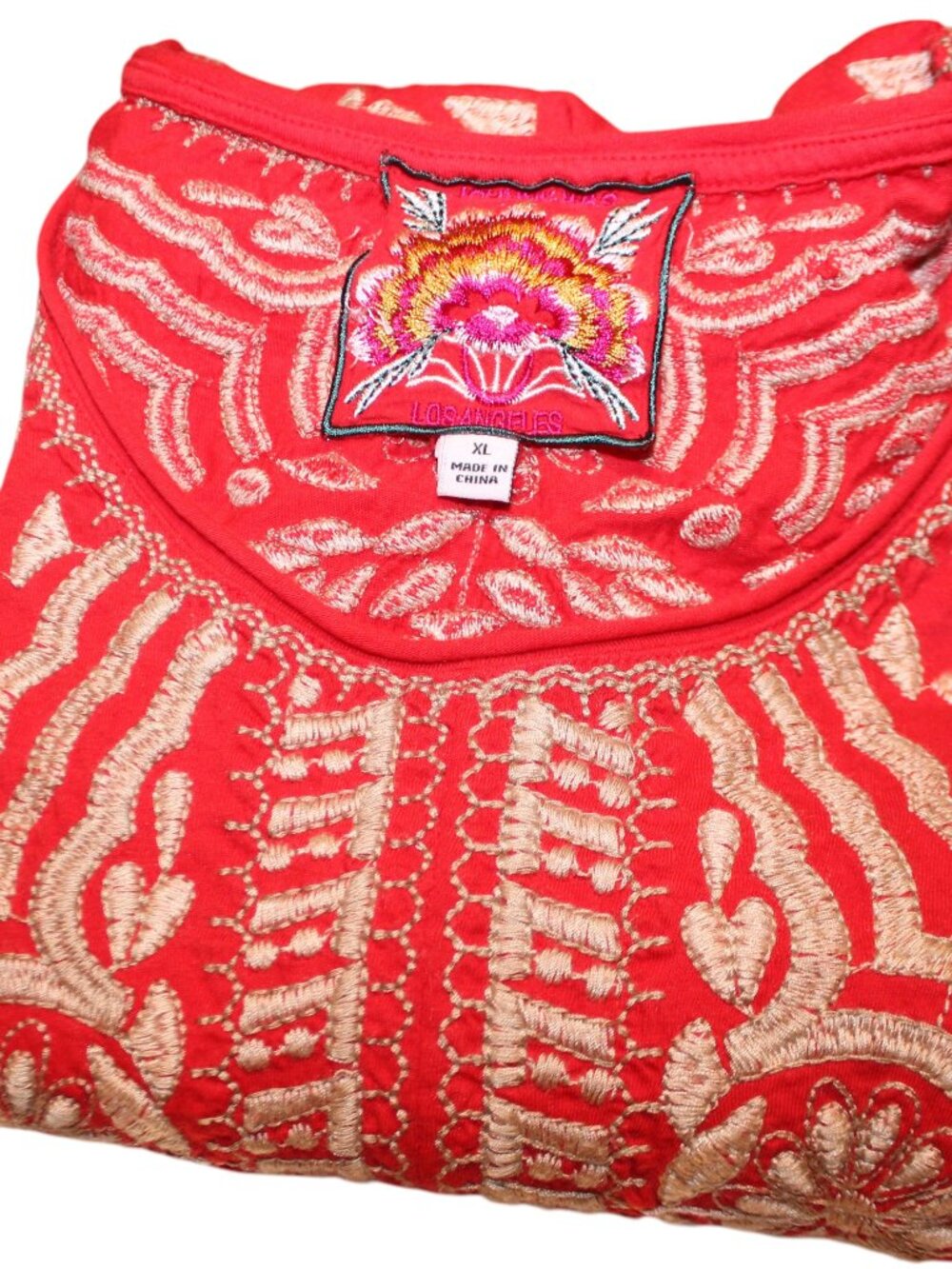 JOHNNY WAS Embroidered Rita Knot Tie Front Top Size XL Red Coral Boho Designer - Picture 13 of 13
